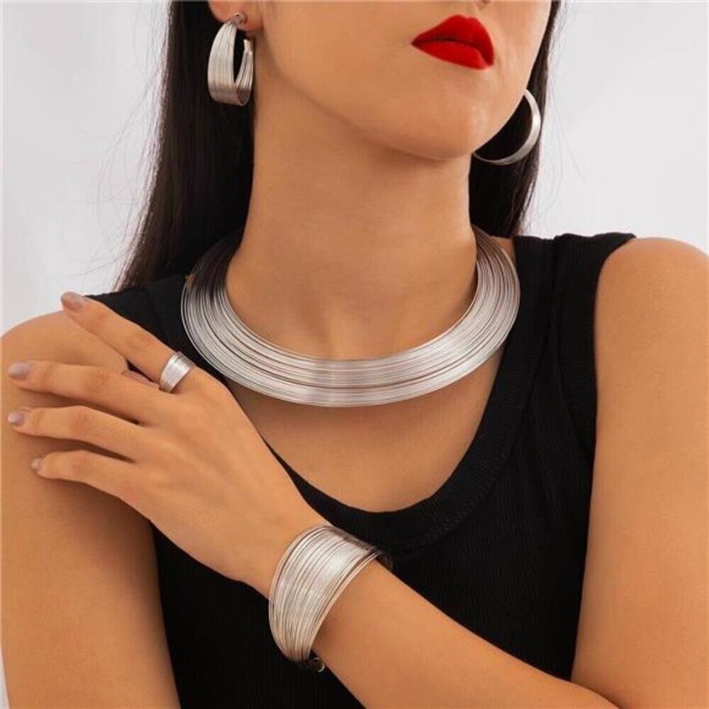 Silver African Jewelry Set– Chunky Hoop Earrings & Choker Ethnic Statement Set
